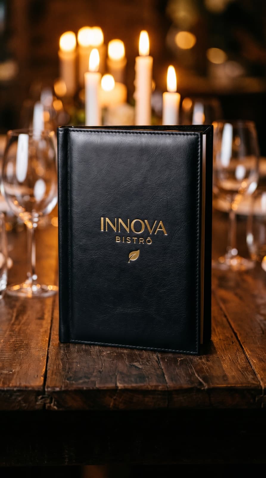 Innova Bistrô leather menu on a candlelit table